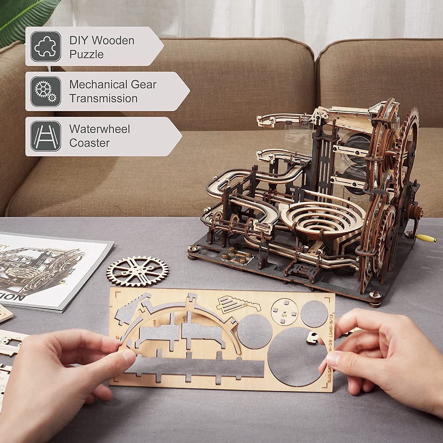 Marble Night City 3D Wooden Puzzle Games Assembly Waterwheel Model Toys For Children Kids Birthday Gift