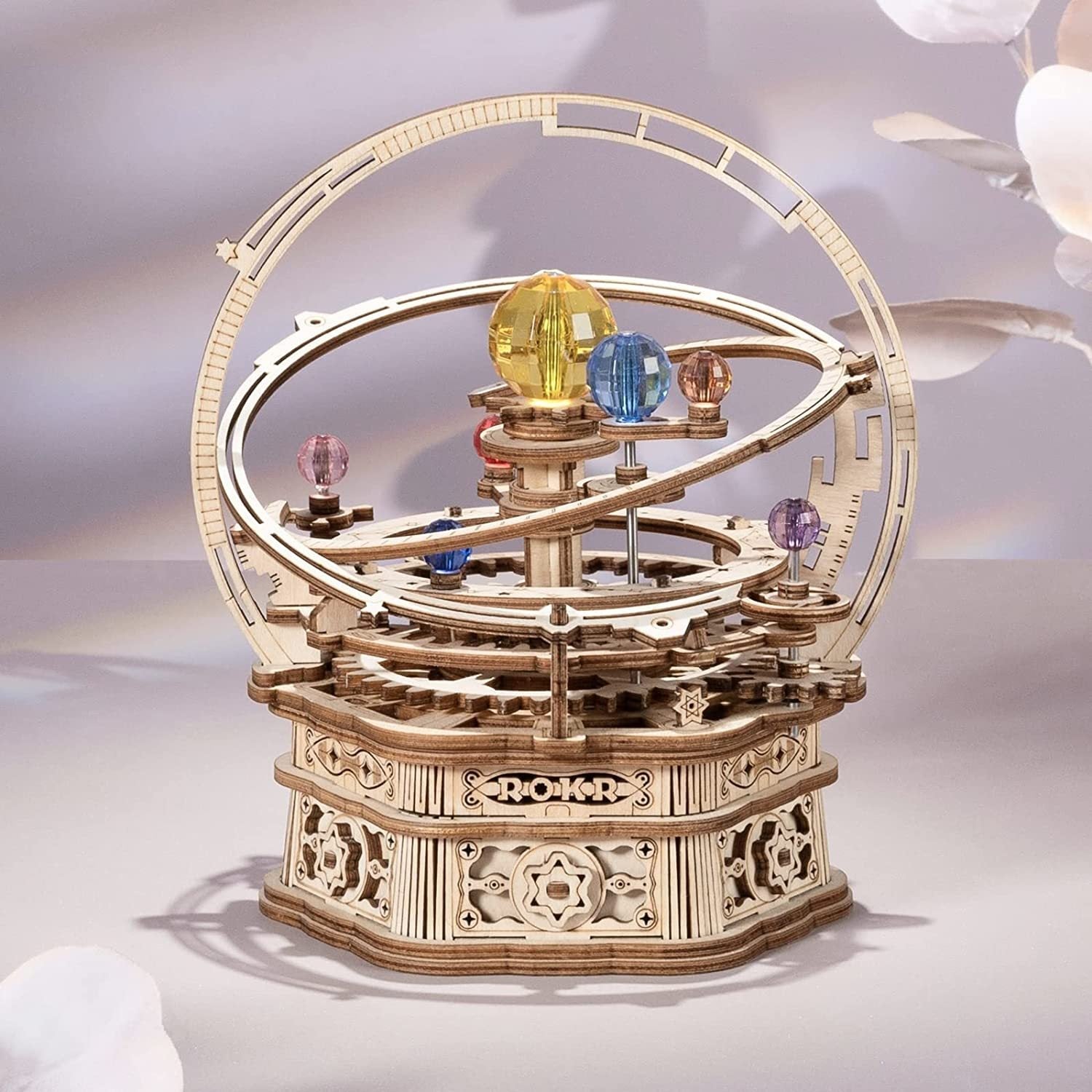 3D Wooden Starry Night Rotating Mechanical Music Box, Assembly Model