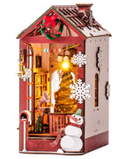 Christmas Dollhouse Wood Kit Book Nook BookShelf Decoration Gift, LED Lights
