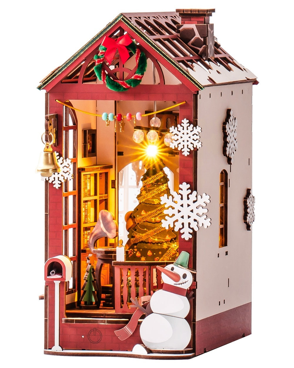 Christmas Dollhouse Wood Kit Book Nook BookShelf Decoration Gift, LED Lights