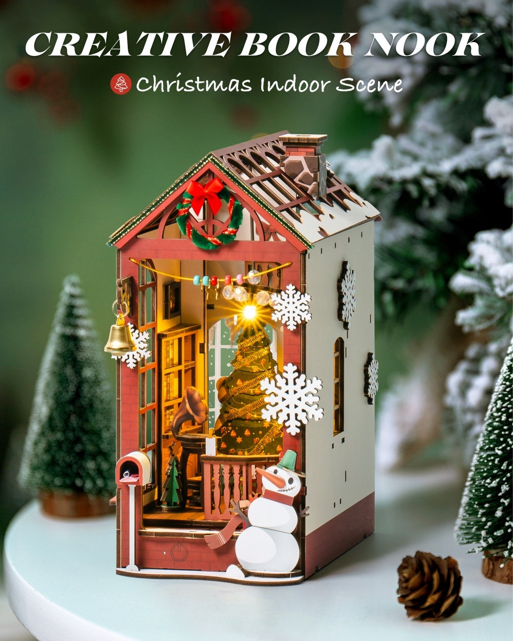 Christmas Dollhouse Wood Kit Book Nook BookShelf Decoration Gift, LED Lights