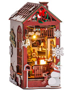 Christmas Dollhouse Wood Kit Book Nook BookShelf Decoration Gift, LED Lights