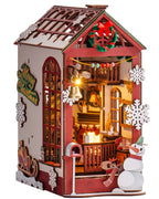 Christmas Dollhouse Wood Kit Book Nook BookShelf Decoration Gift, LED Lights