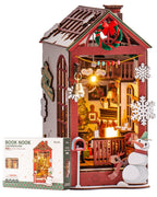 Christmas Dollhouse Wood Kit Book Nook BookShelf Decoration Gift, LED Lights