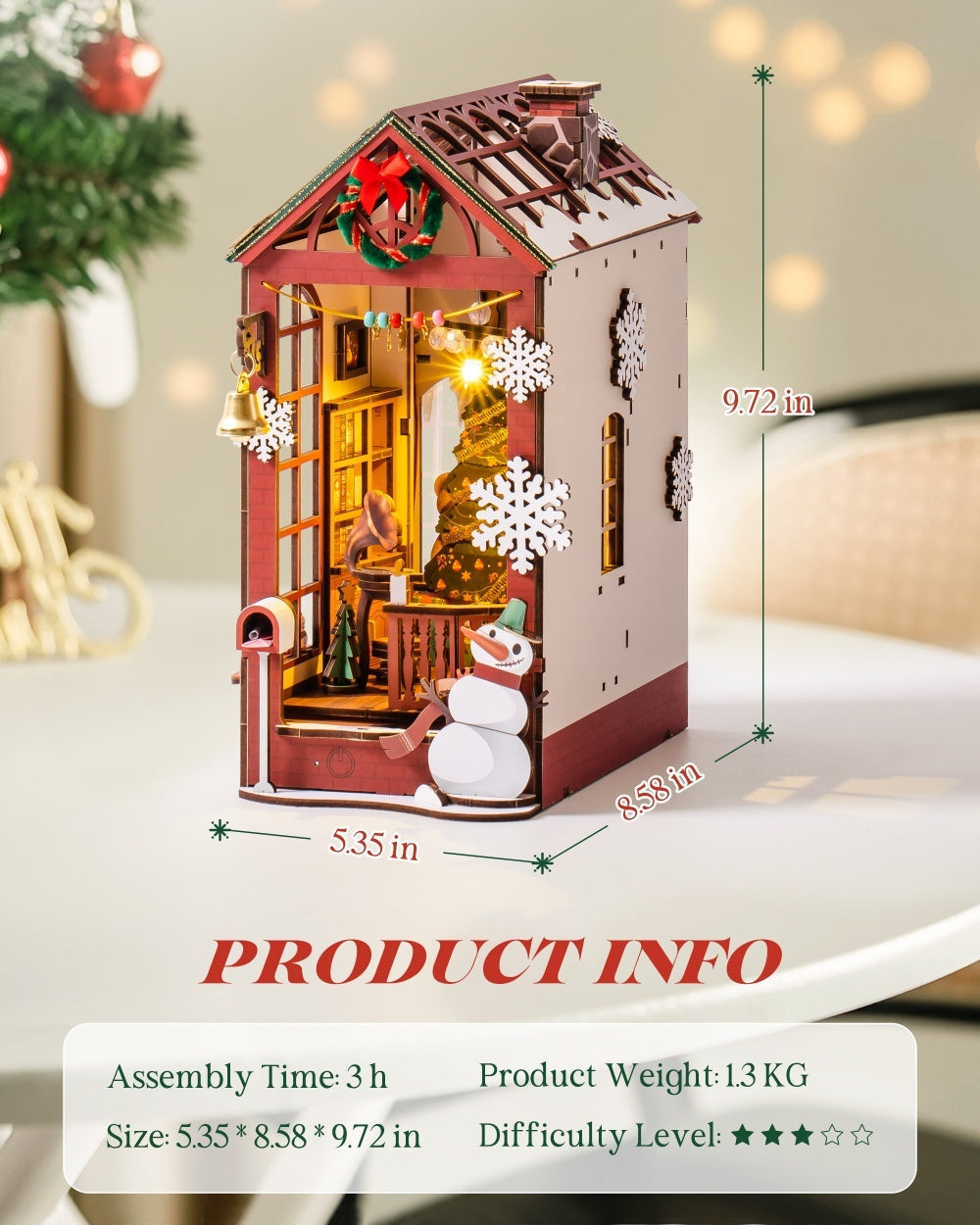 Christmas Dollhouse Wood Kit Book Nook BookShelf Decoration Gift, LED Lights