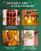 Christmas Dollhouse Wood Kit Book Nook BookShelf Decoration Gift, LED Lights