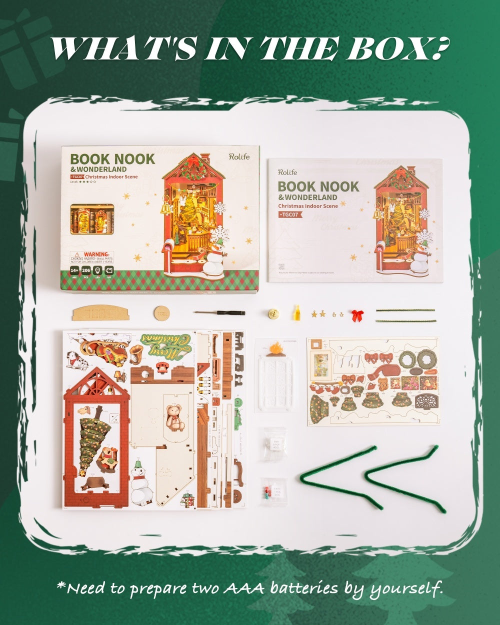 Christmas Dollhouse Wood Kit Book Nook BookShelf Decoration Gift, LED Lights