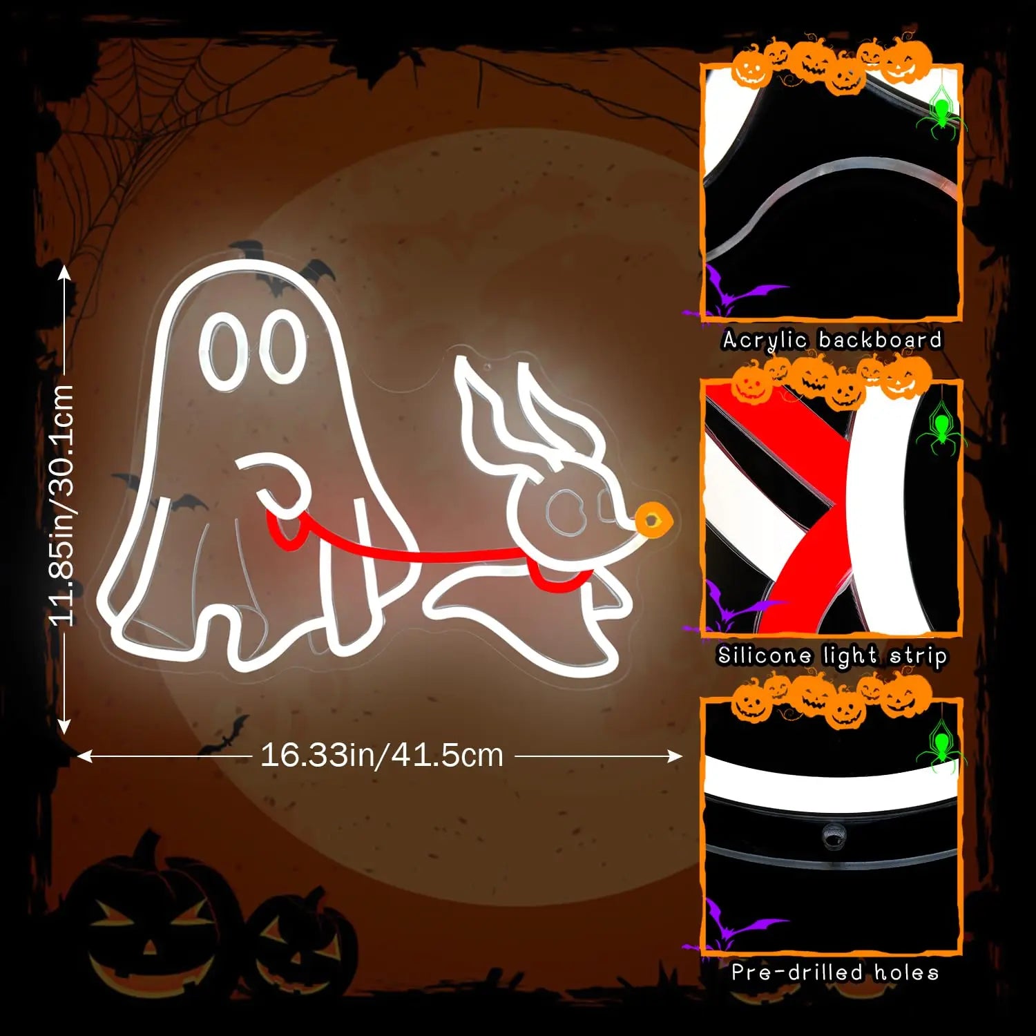 Ghost Dog Neon Sign, Halloween LED Wall Light with Dimmable USB, Spooky Pet Decor for Bedroom, Man Cave Halloween Party Decor