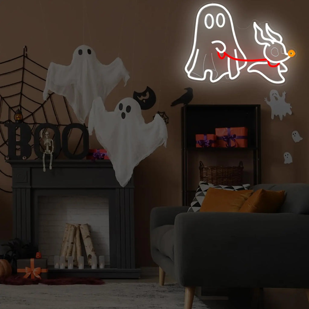 Ghost Dog Neon Sign, Halloween LED Wall Light with Dimmable USB, Spooky Pet Decor for Bedroom, Man Cave Halloween Party Decor