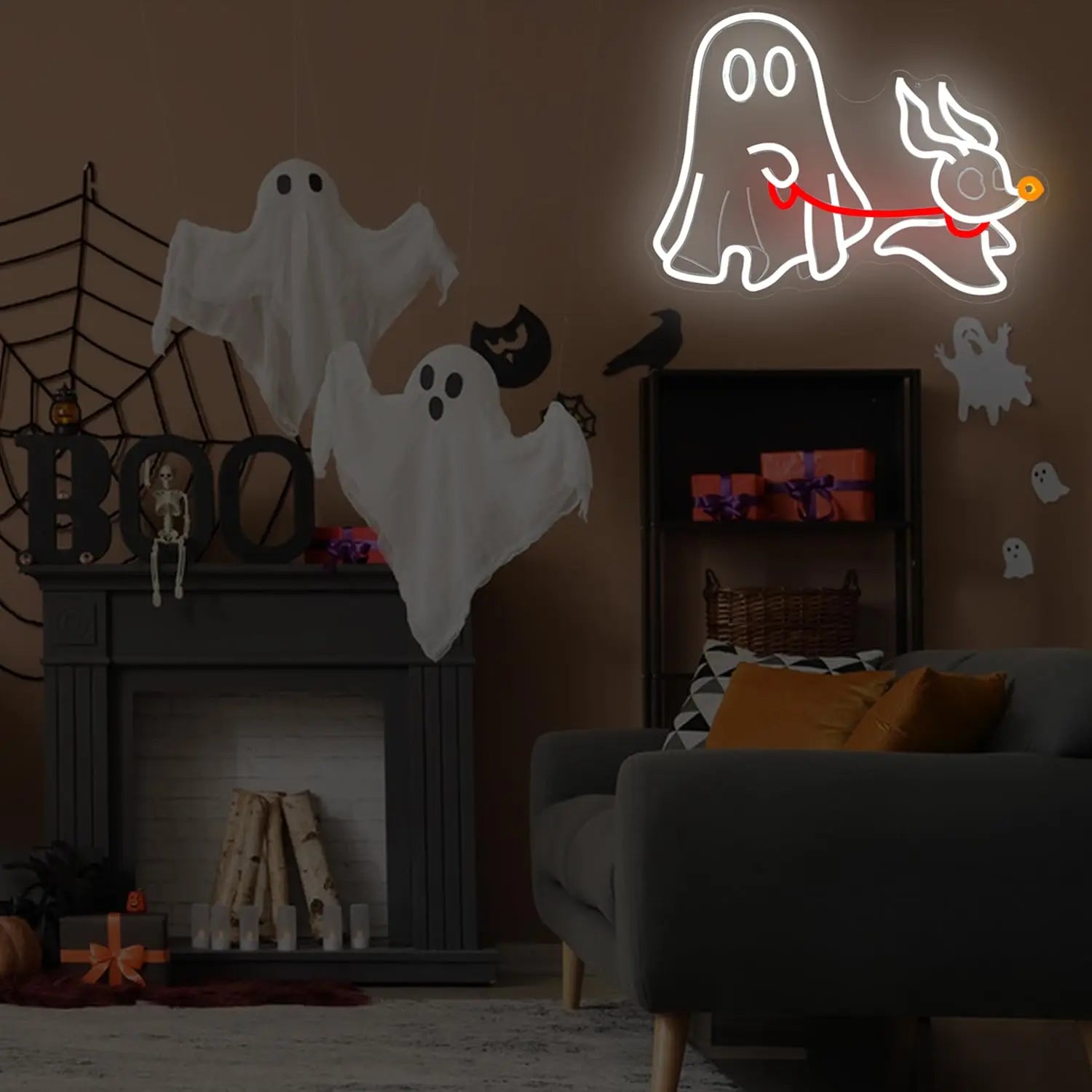 Ghost Dog Neon Sign, Halloween LED Wall Light with Dimmable USB, Spooky Pet Decor for Bedroom, Man Cave Halloween Party Decor