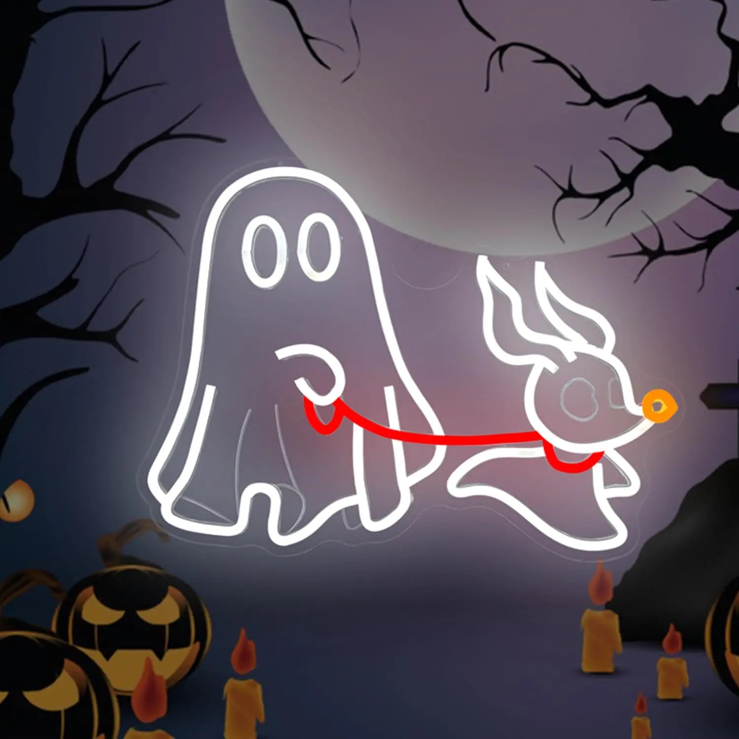 Ghost Dog Neon Sign, Halloween LED Wall Light with Dimmable USB, Spooky Pet Decor for Bedroom, Man Cave Halloween Party Decor