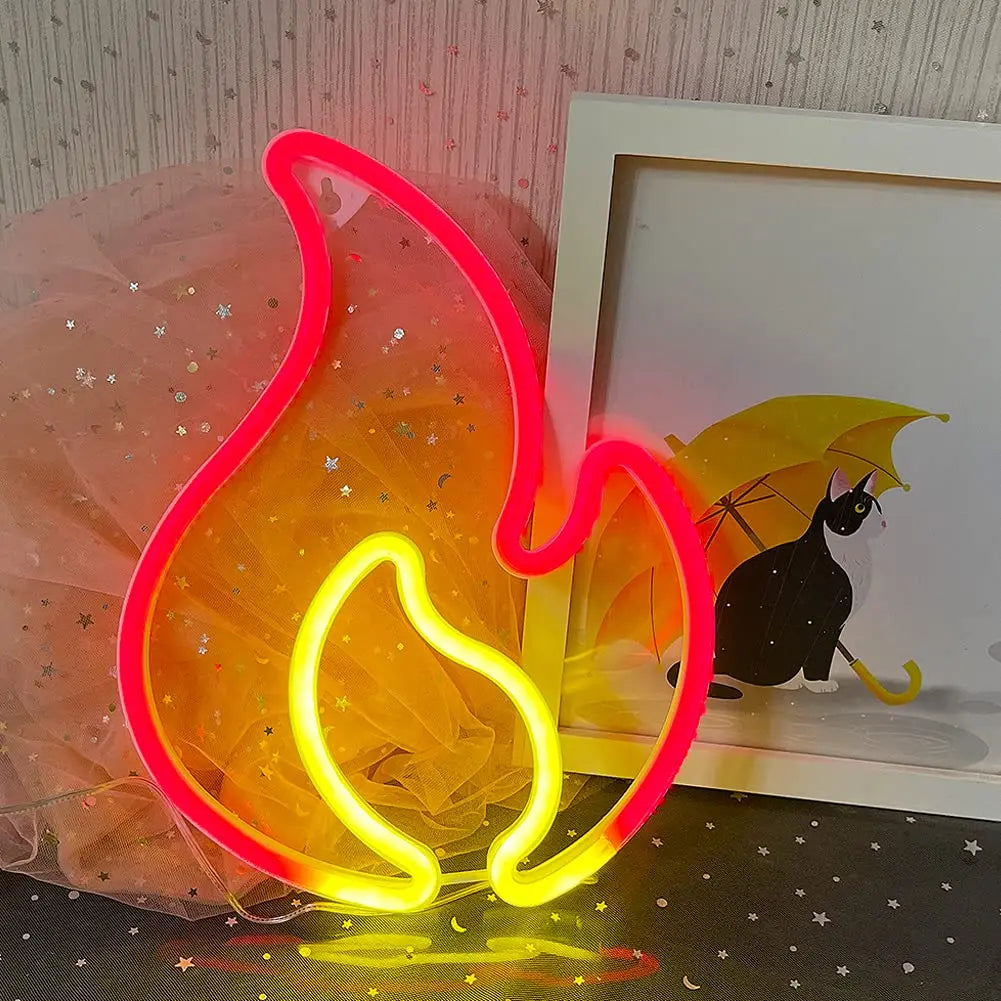 Flame Neon Sign - Red LED Fire Wall Light with USB Power - Dimmable Party Decor for Home, Kids Room & Gifts- Hanging or Tabletop