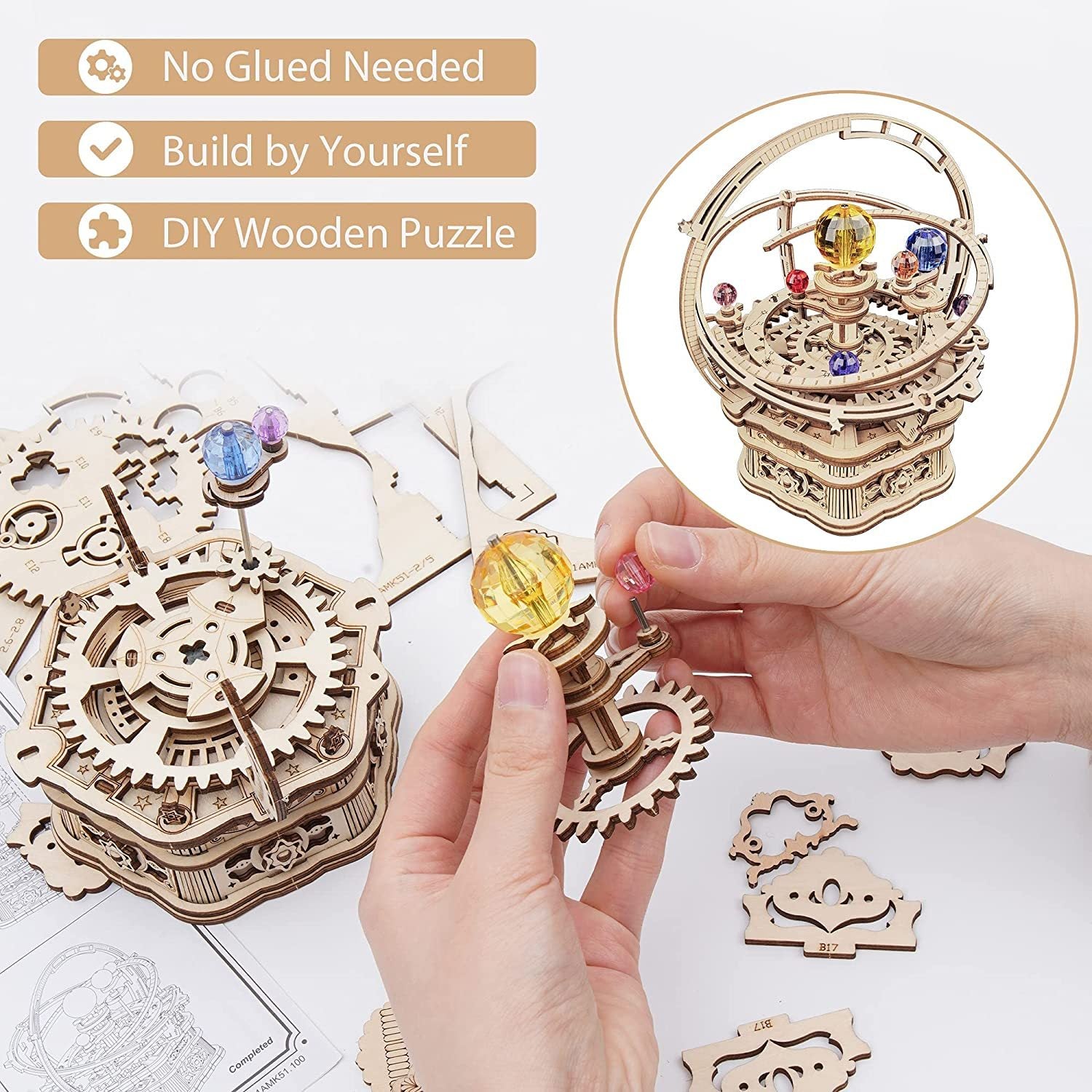 3D Wooden Starry Night Rotating Mechanical Music Box, Assembly Model