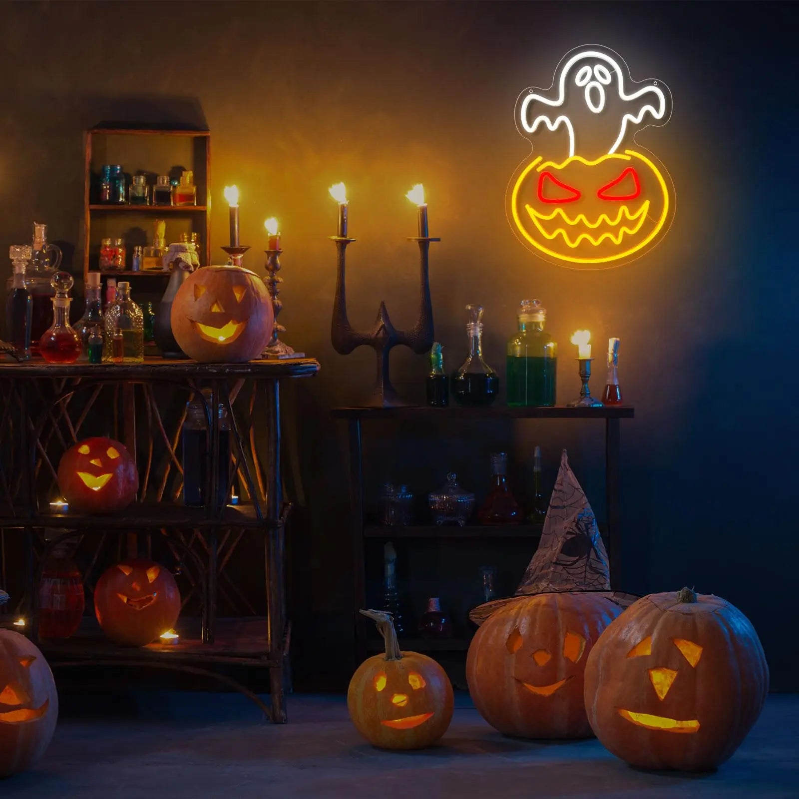 Halloween Ghost Pumpkin Neon Sign Ghost Face Neon Light Spooky Pumpkin Neon Light Up Signs Dimmable LED Halloween Skull LED Sign