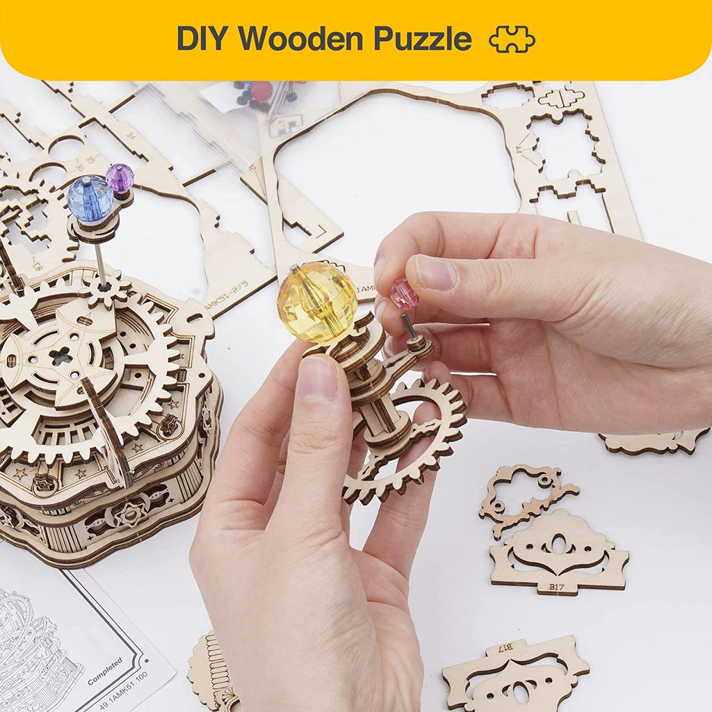 3D Wooden Starry Night Rotating Mechanical Music Box, Assembly Model