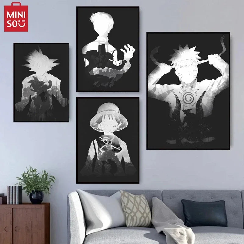 MINISO Canvas Printing Naruto Dragon Ball Black White Silhouette Luffy Goku High Quality Room Wall Decor Figure Picture Poste