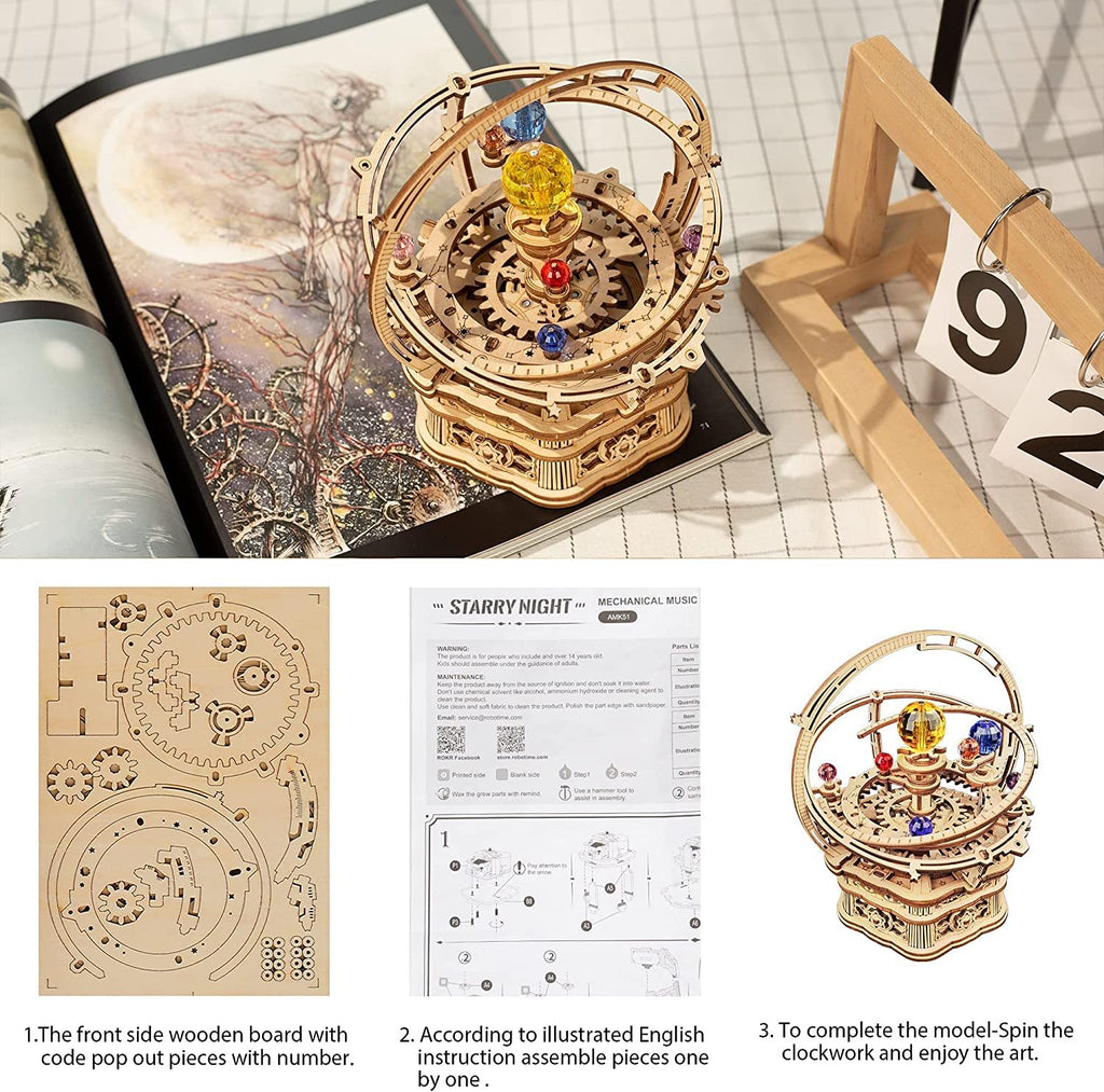 3D Wooden Starry Night Rotating Mechanical Music Box, Assembly Model