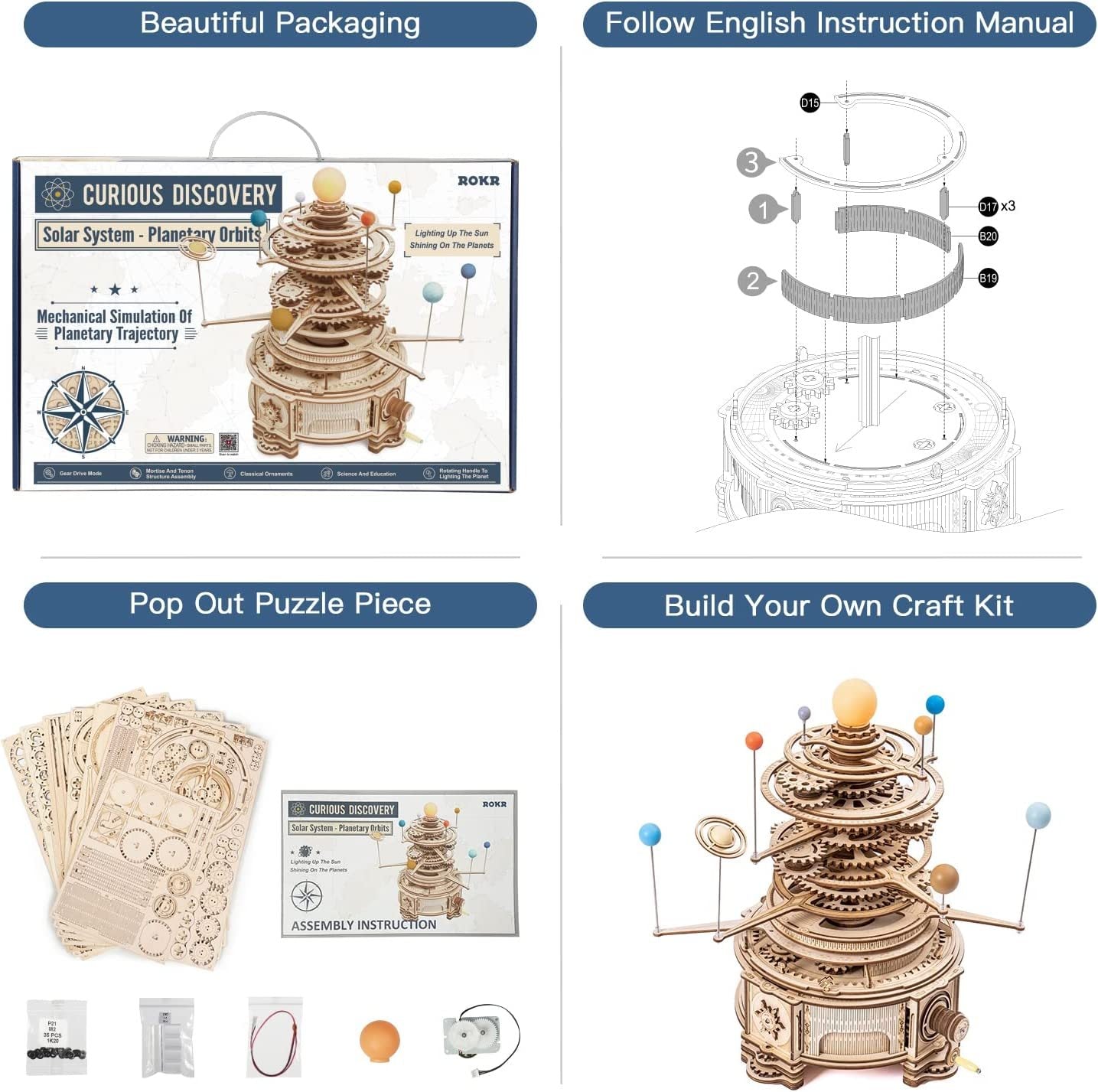 3D wooden puzzle mechanical cylinder rotatable, assembly, construction toy set