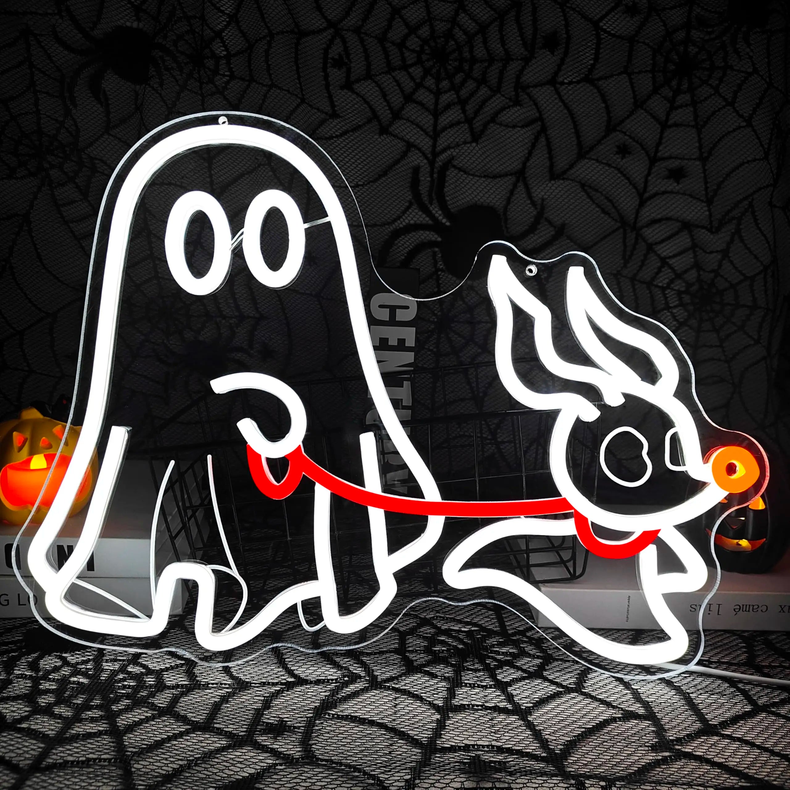 Ghost Dog Neon Sign, Halloween LED Wall Light with Dimmable USB, Spooky Pet Decor for Bedroom, Man Cave Halloween Party Decor
