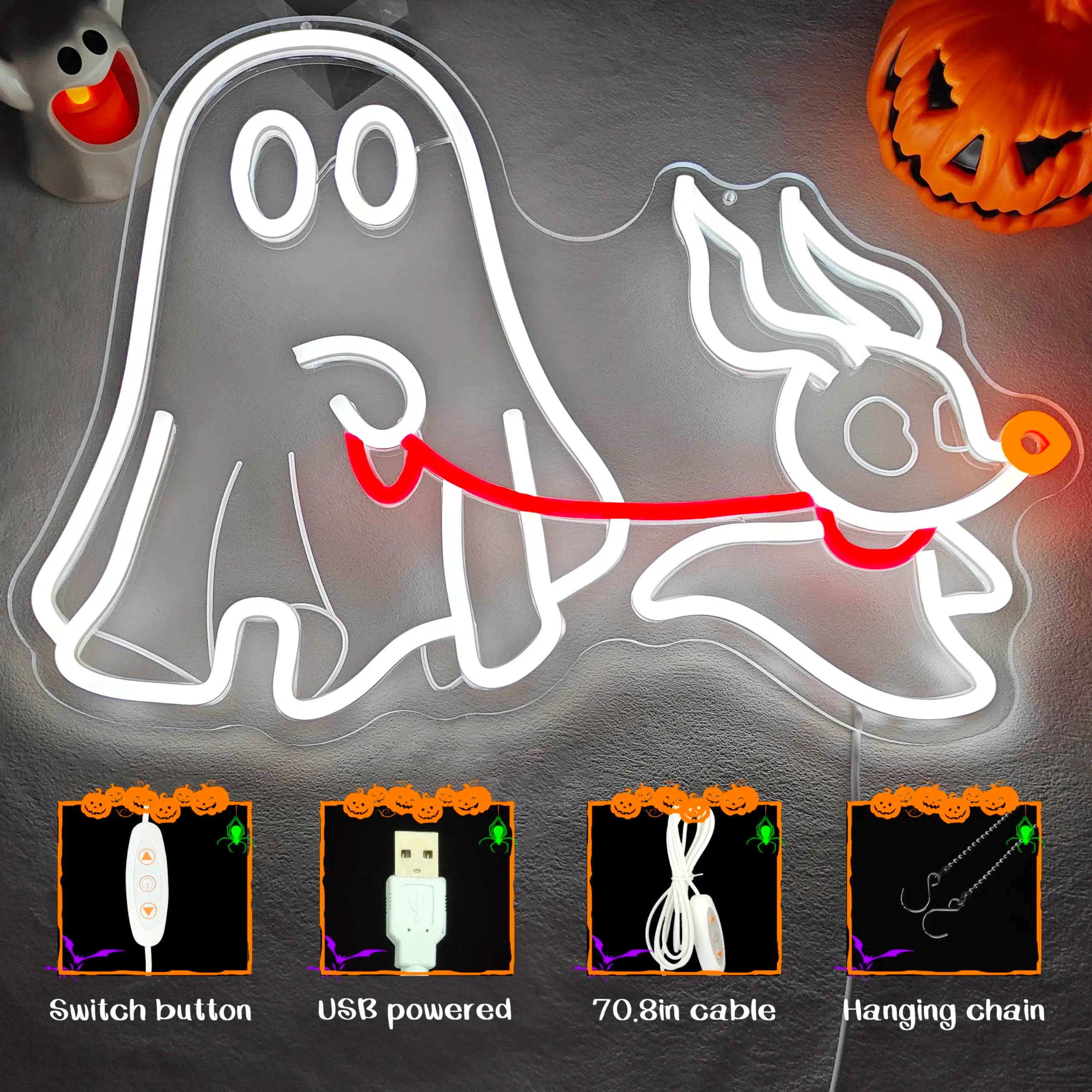 Ghost Dog Neon Sign, Halloween LED Wall Light with Dimmable USB, Spooky Pet Decor for Bedroom, Man Cave Halloween Party Decor