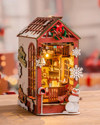 Christmas Dollhouse Wood Kit Book Nook BookShelf Decoration Gift, LED Lights