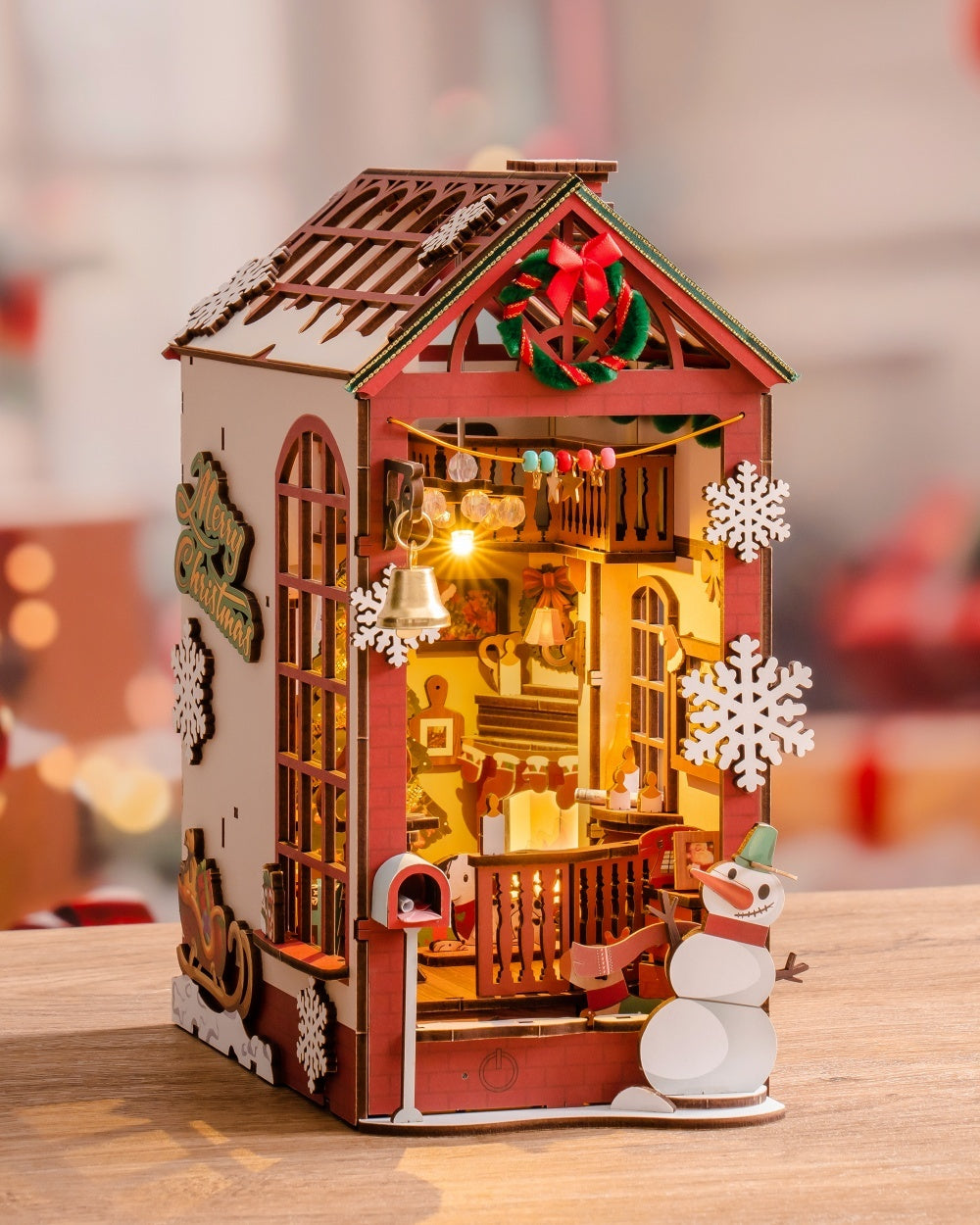 Christmas Dollhouse Wood Kit Book Nook BookShelf Decoration Gift, LED Lights