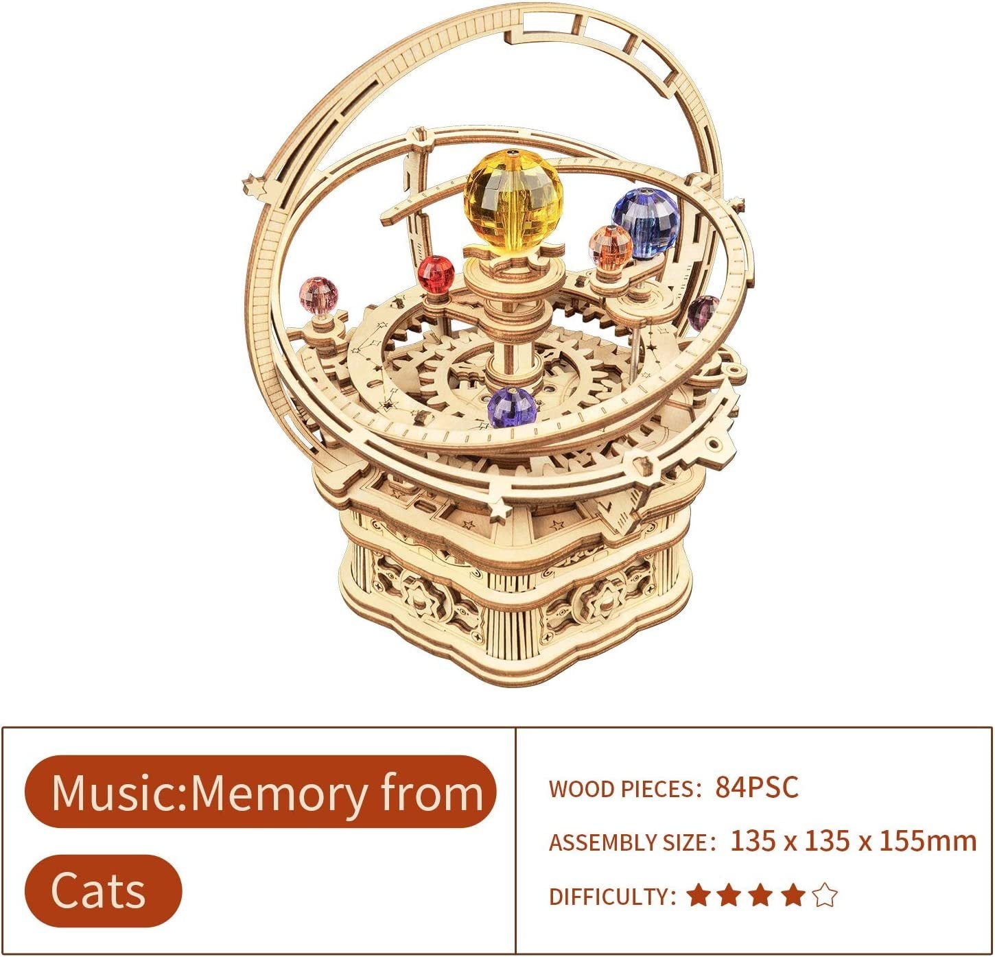 3D Wooden Starry Night Rotating Mechanical Music Box, Assembly Model