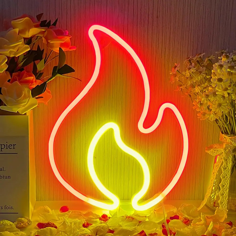 Flame Neon Sign - Red LED Fire Wall Light with USB Power - Dimmable Party Decor for Home, Kids Room & Gifts- Hanging or Tabletop