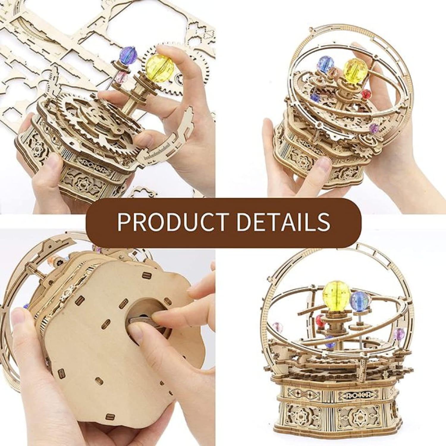 3D Wooden Starry Night Rotating Mechanical Music Box, Assembly Model