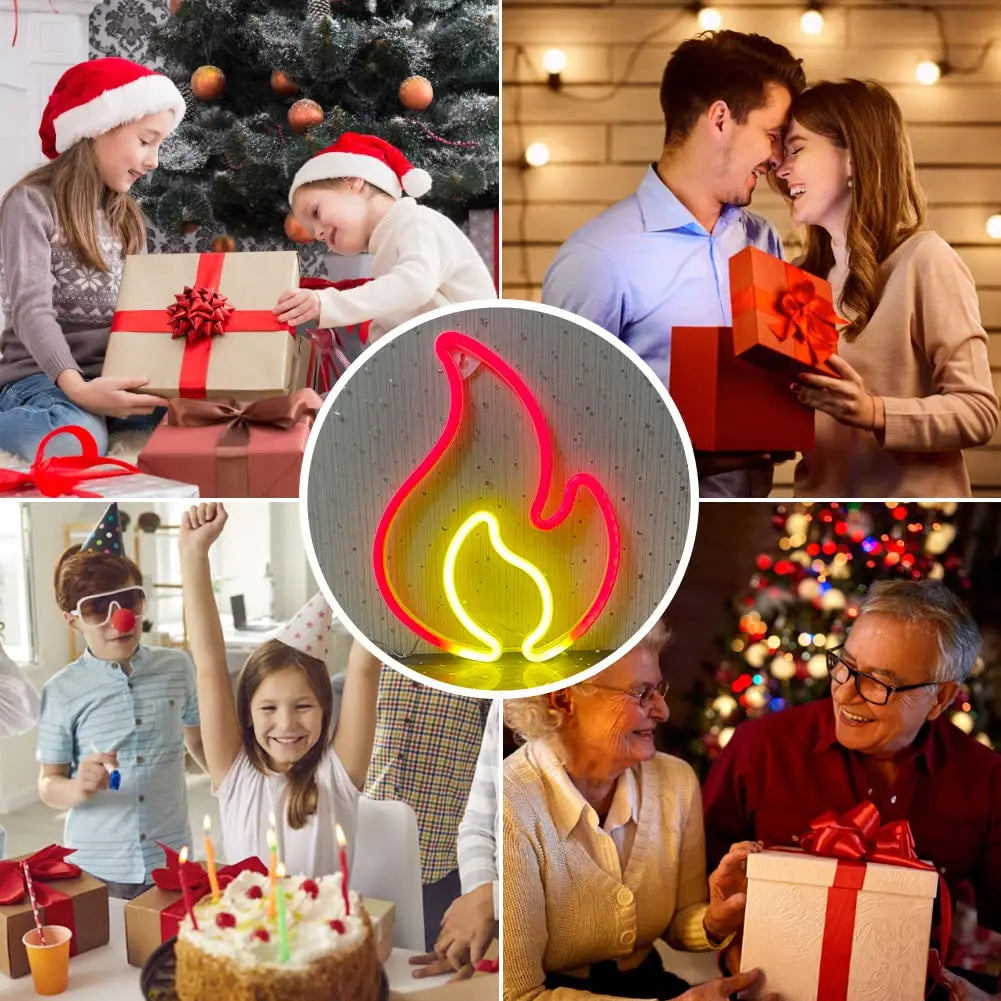 Flame Neon Sign - Red LED Fire Wall Light with USB Power - Dimmable Party Decor for Home, Kids Room & Gifts- Hanging or Tabletop